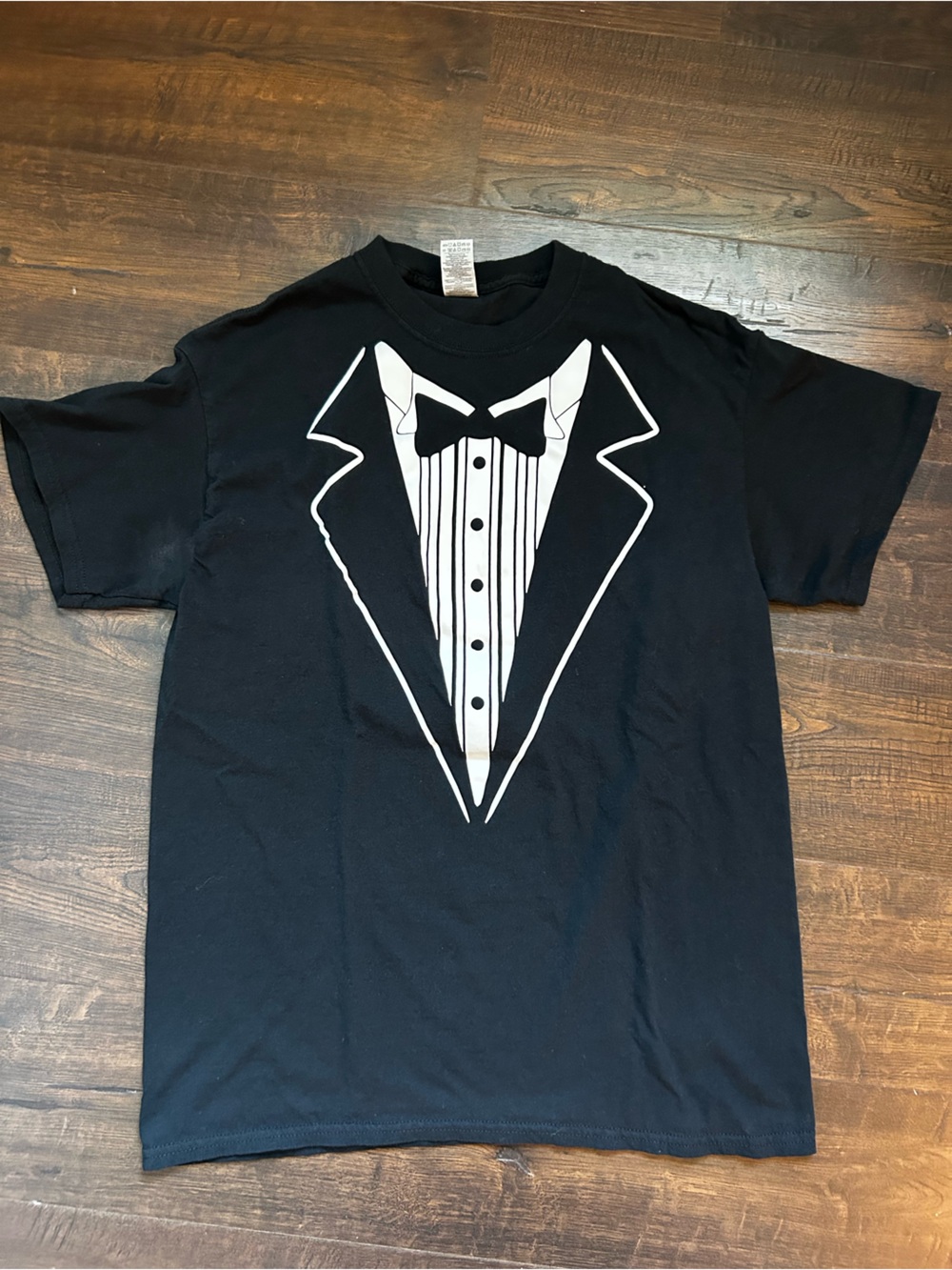Gildan Black T-Shirt with White Tuxedo Graphic